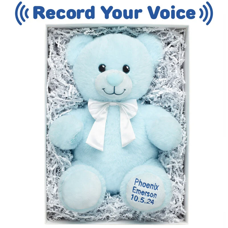 Personalized Baby Blue Teddy Bear Gift Set with Recorded Message ...